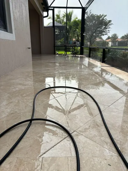 Glistening travertine lanai